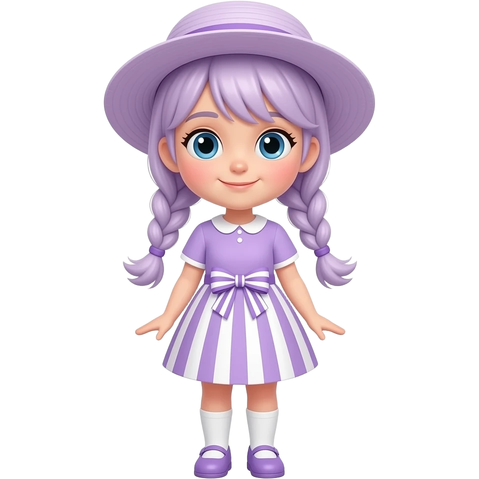 A white/fair skinned girl with pale purple hair tied in two braids, and blue eyes and wearing a pale purple dress with a pale purple and white striped skirt with a pale purple and white striped bowbow), a pale purple sun hat, white socks and pale purple shoes. emoji