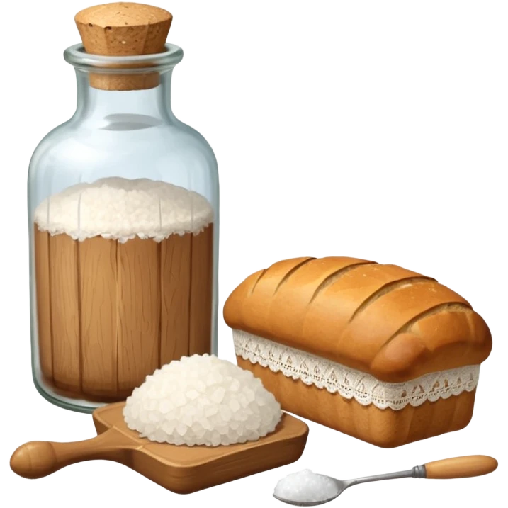 a one victorian bottle of salt and a loaf of bread - crochet needles and a ball of wool emoji