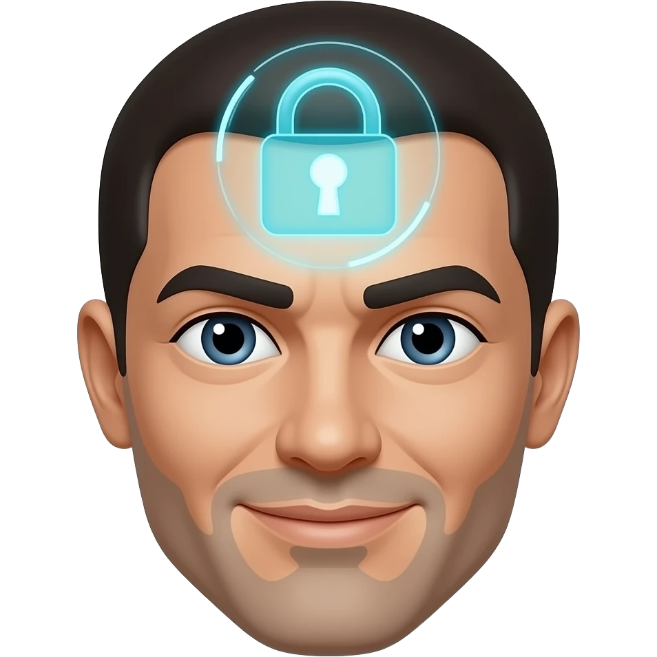 A sleek, confident face with a slight smirk—Front and center, A futuristic lock symbol integrated into the design—either on the forehead or as a hovering hologram beside you. Not just any lock… a code lock, softly pulsing, as if it’s always calculating the next move. emoji