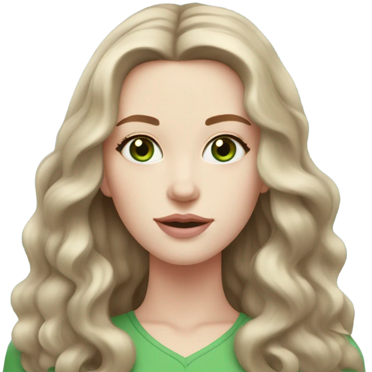 woman with pale skin and green eyes and long wavy medium brown hair with a middle part and soft pink lips emoji
