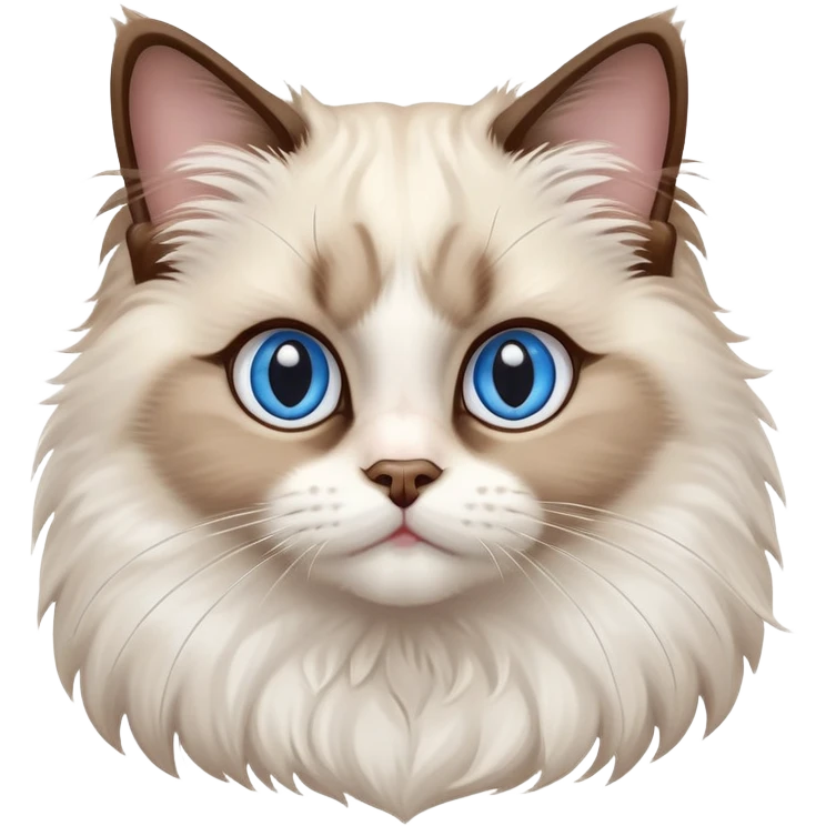 cinematic-adorable-big-eyed-fluffy-ragdoll-cat-portrait-emoji,-head-tilted-playfully-with-a-sweet-expression,-fluffy-white and brown-fur,-simplified-yet-irresistibly-cute-features-with-large,-expression, blue eyed ragdoll cat emoji