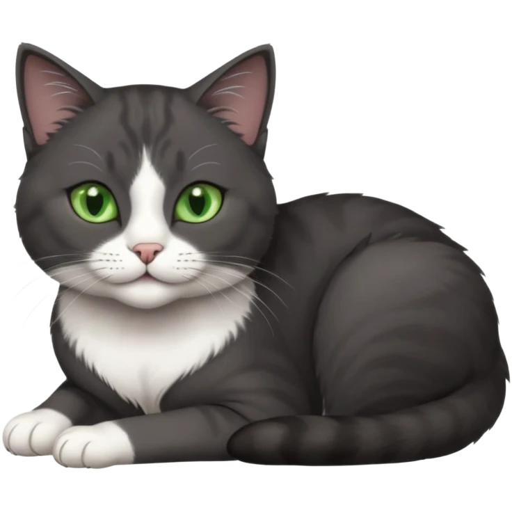 beautiful female solid dark grey cat with green eyes, white toes/paws and white patch on her chest lying down emoji