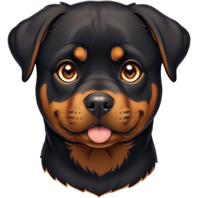 Cinematic Cute Rottweiler Portrait Emoji, Head tilted playfully and inquisitively, featuring a glossy black coat with distinct tan accents, round, sparkling brown eyes filled with curiosity, Simplified yet irresistibly adorable features, highly detailed, glowing with a warm, friendly glow, high shine, affectionate and lively, stylized with a touch of whimsy, bright and endearing, soft glowing outline, capturing the essence of a mischievous yet loving companion, so playful it feels like it could bound out of the screen and into your arms! emoji