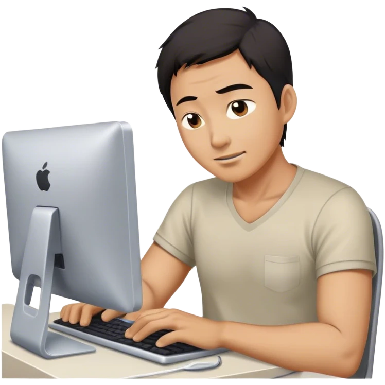 Asian male, 45, hacking away at a computer, a bit tired, a bit exhausted, but happy emoji