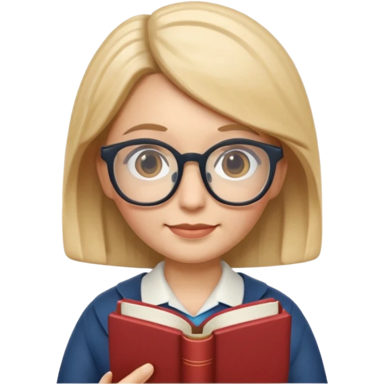 Apple Memoji-style 3D emoji of a librarian wearing glasses holding a book, clean gradients, rounded shapes, no background. emoji
