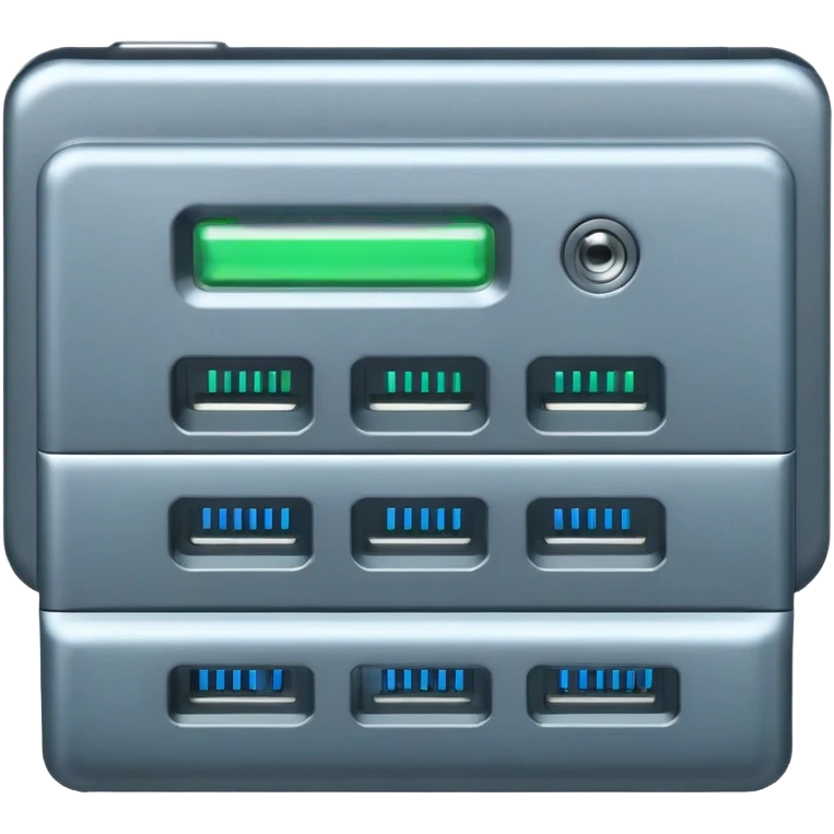 A 512x512 pixel DB9 serial port icon, metallic gray with a blue or dark gray port area. Features 9 metallic pins in two rows. A green indicator (check mark, LED, or connected cable) shows an active connection. Modern, minimalistic, high contrast.
 emoji