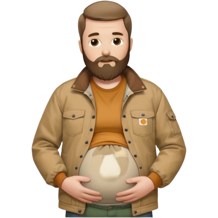 Bearded man rubbing pregnant belly poking out of shirt wearing a tan canvas carhartt jacket emoji