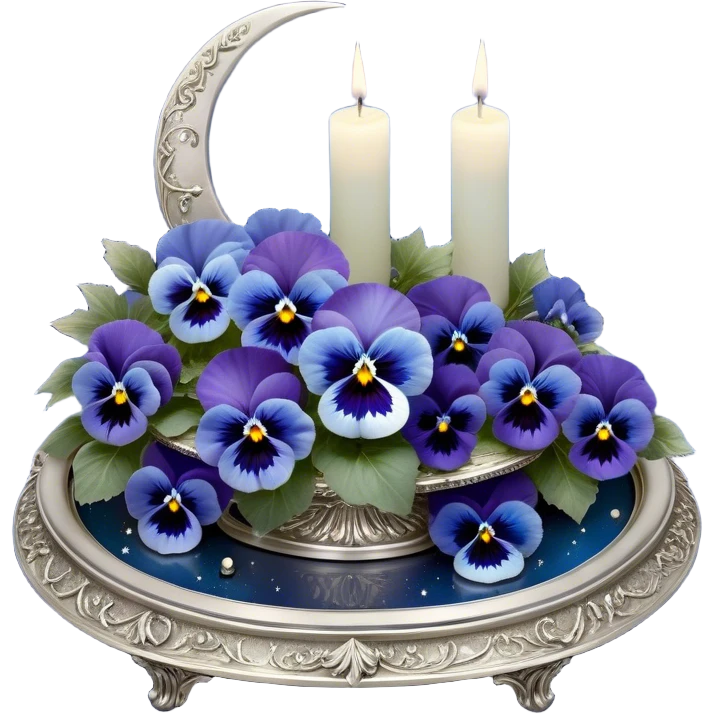 A mesmerizing nighttime scene featuring a cluster of vibrant blue pansies bathed in soft moonlight. In the background, a luminous silver crescent moon hangs low in the sky, partially veiled by delicate wisps of mist. A round, decorative candle in a shimmering pearl color rests on an ornate silver tray, its gentle glow casting flickering reflections on the surrounding petals. Tiny fireflies dance in the air, adding an ethereal touch, while a few scattered crystals glisten among the flowers. emoji