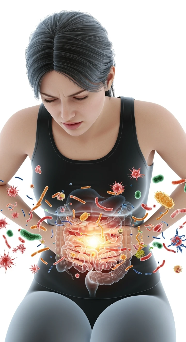 DONNA CON MAL DI PANCIA E INTESTINO UMANO ANATOMICO VISIBILE, BATTERI INTESTINALI FLUTTUANO INTORNO, IPERREALISTICO 4K, SFONDO BIANCO emoji