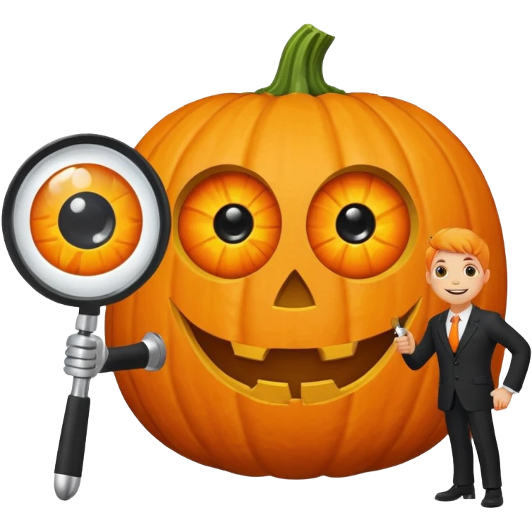 A pumpkin smiling at a magnifying glass (the magnifying glass has limbs and a suit thats black, the magnifying glass also has a eye, looks like a cyclops eye, one eye in the middle turn the magnifying glass into a living person) emoji