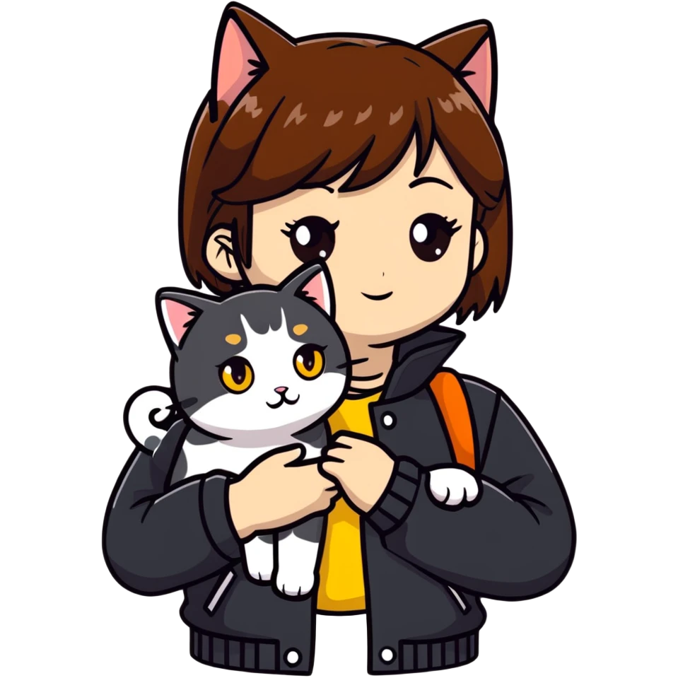 Light-skinned girl with brown straight hair wearing a black jacket, with one pure white cat with yellow eyes and one calico cat with orange black and white patches emoji