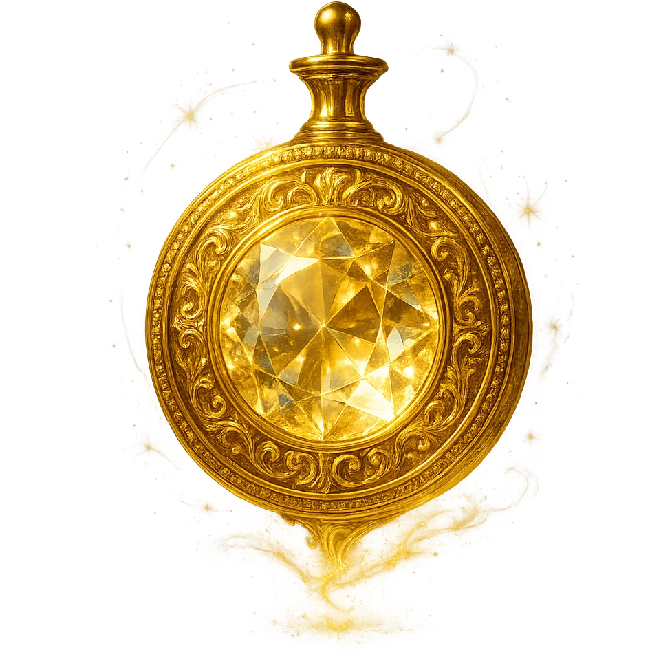 very luxurious crystal coin-shaped elixir bottle, golden, lots of shine, edges, ornaments, magical effects, very small golden neck, transparent background, beautiful merging bottom, clearly floating in air, no base or shadow, premium class, matching the collection emoji
