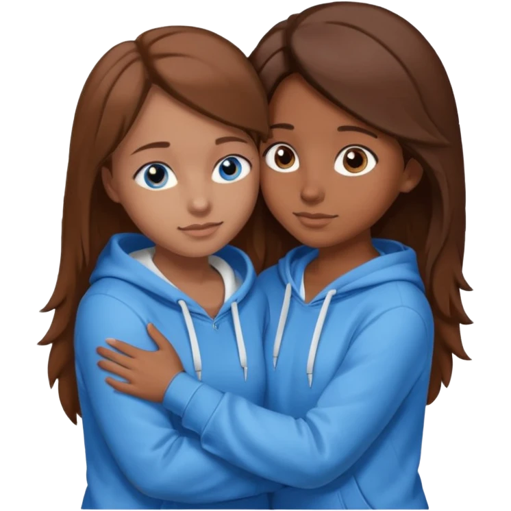 two Girls, Brown and Blonde hair, with Blue Eyes hugging one has Brown hair cute Hug another Version  Both Blue eyes and white hoddies Brown haired emoji