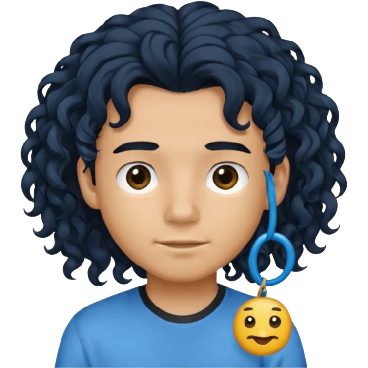 یه پسر با موهای  بلند و فرفری با لباس ابی موهاشو بسته باشه emoji