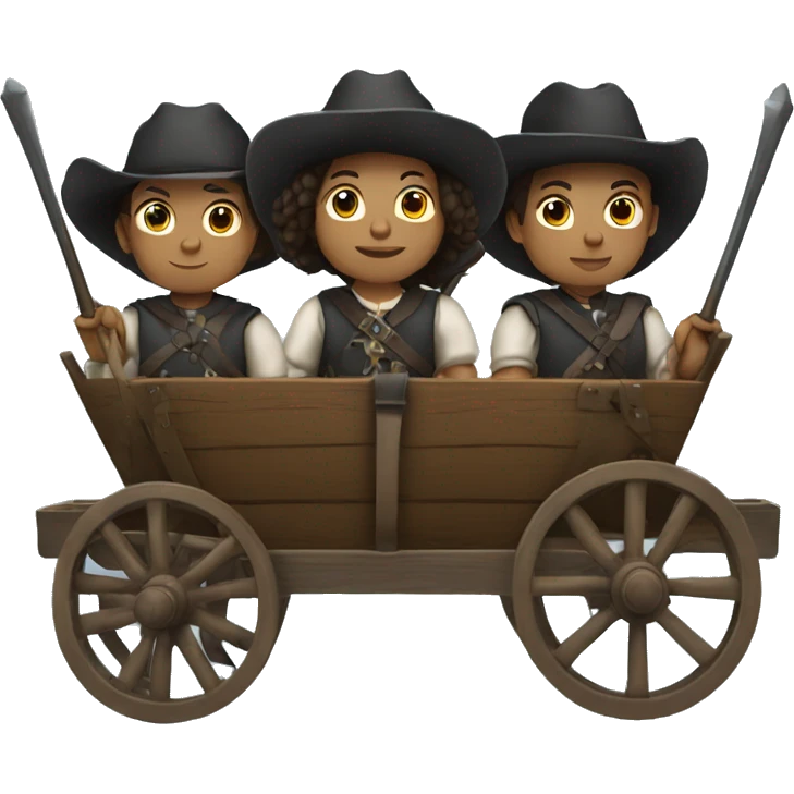 four musketeers driving a wagon, no weapons, racial mix, male & female emoji