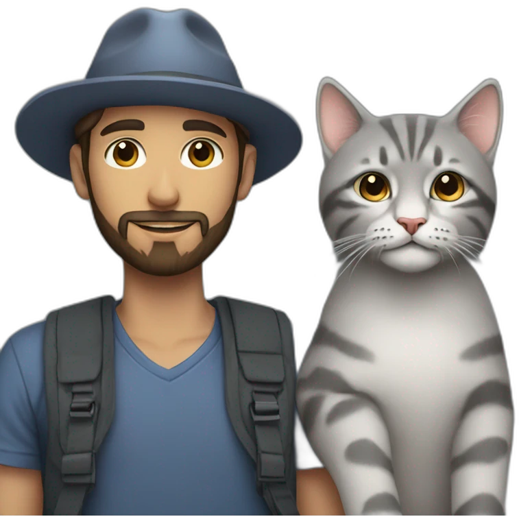 a young man with a beard and a hat holding a big grey cat emoji