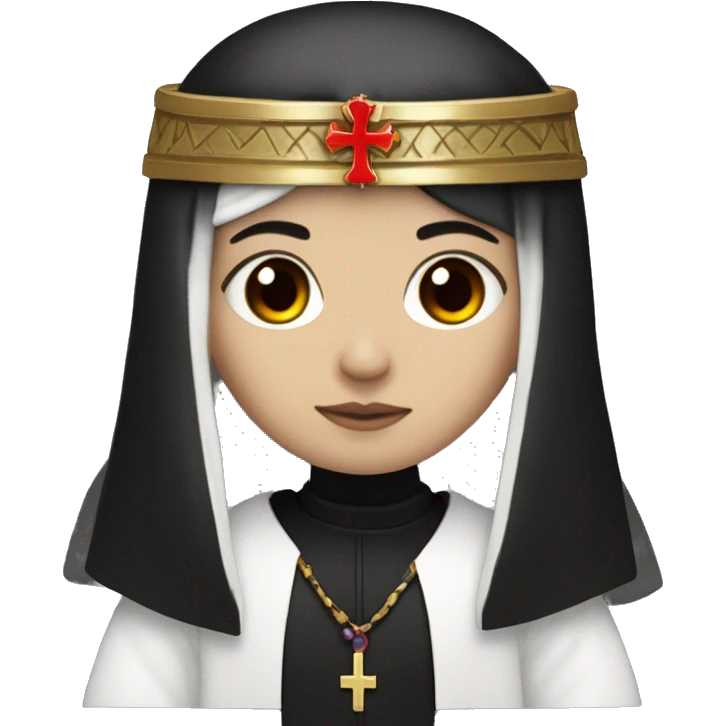 white emo girl with black hair, red eyes, dressed as an Anglican priest with flowing robes, wearing a pharaoh headdress in black and red emoji