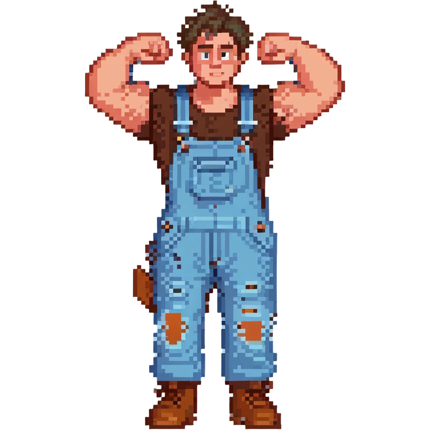 Wreck-It Ralph man with short messy hair, brown overalls, boxy figure with big arms emoji