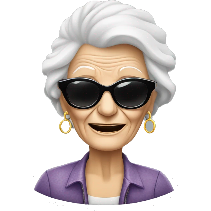 stylish rocker elderly woman using sunglasses making rock’n’roll symbol with the hands emoji