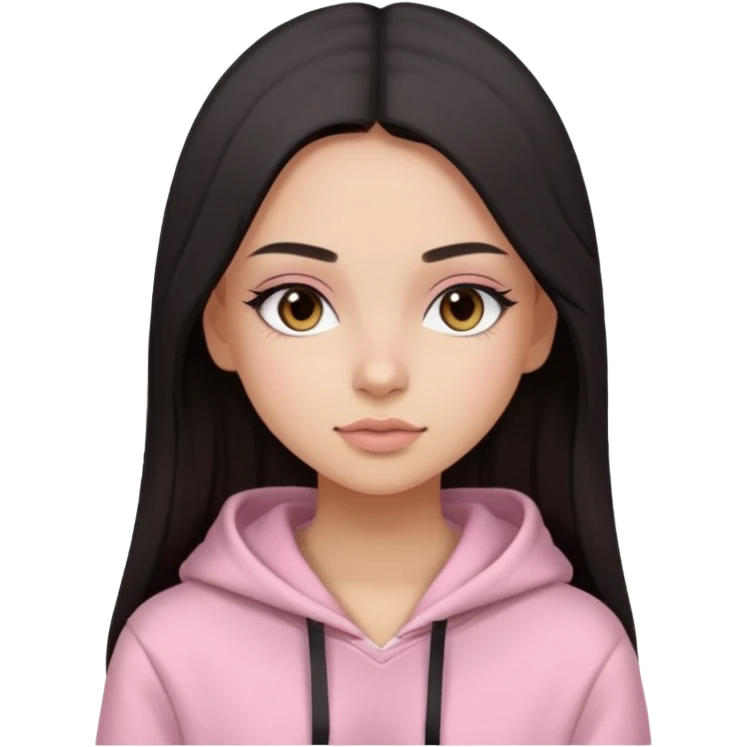 A pretty girl with light skin and long straight black brown hair, wearing a very light pink basic hoodie with brown eyes and makeup emoji