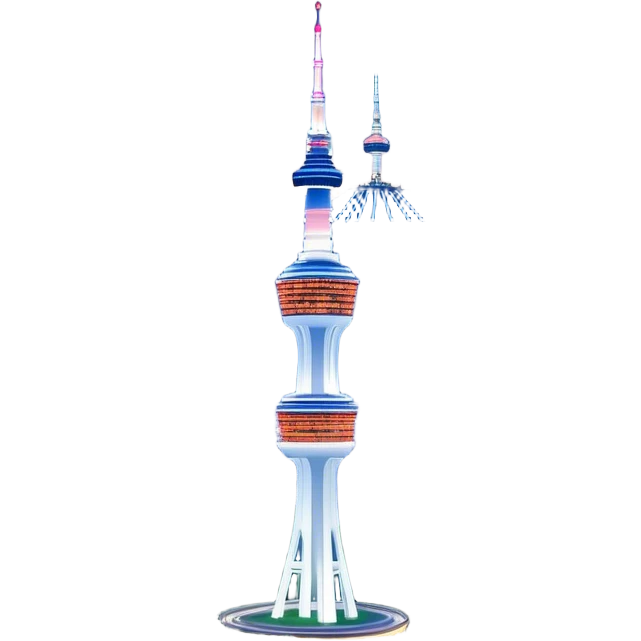 Cinematic Realistic N Seoul Tower Landmark Emoji, featuring the iconic tower perched atop Namsan Mountain, glowing against the night sky with panoramic city lights stretching beyond. emoji