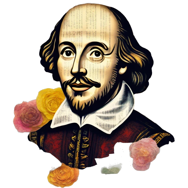 Shakespeare made of newspaper cuttings wearing flowers, stained glass, fairy lights, bokeh, annotated sketch, handwritten letters, collage of intricate patterns, lantern, bokeh, blur emoji