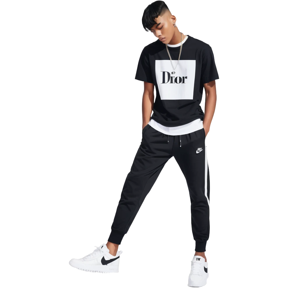 chico de pelo moreno, corte taper fade, flequillo a las cejas, camiseta Nike negra, pantalones Nike negros bajados, zapatillas Dior blancas emoji