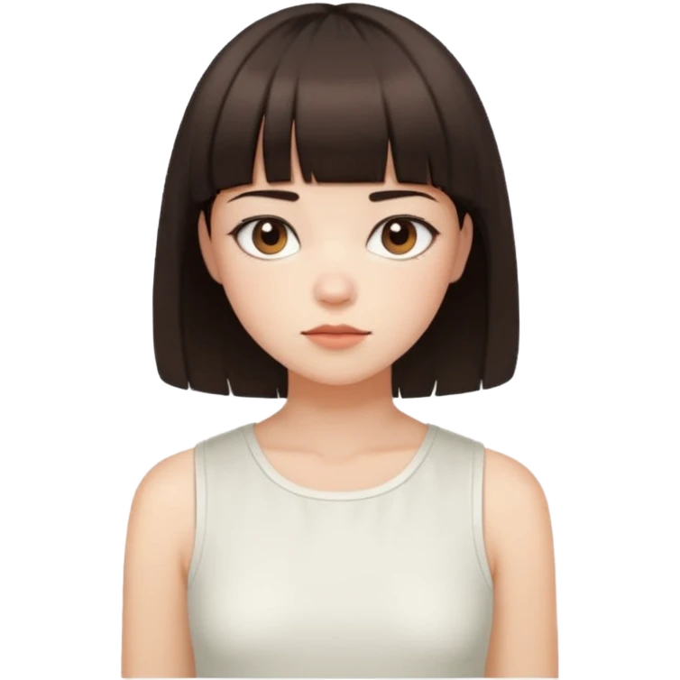 a short bob with bangs and dark brown hair. They have a calm expression, fair skin, and wear a sleeveless white cropped top emoji