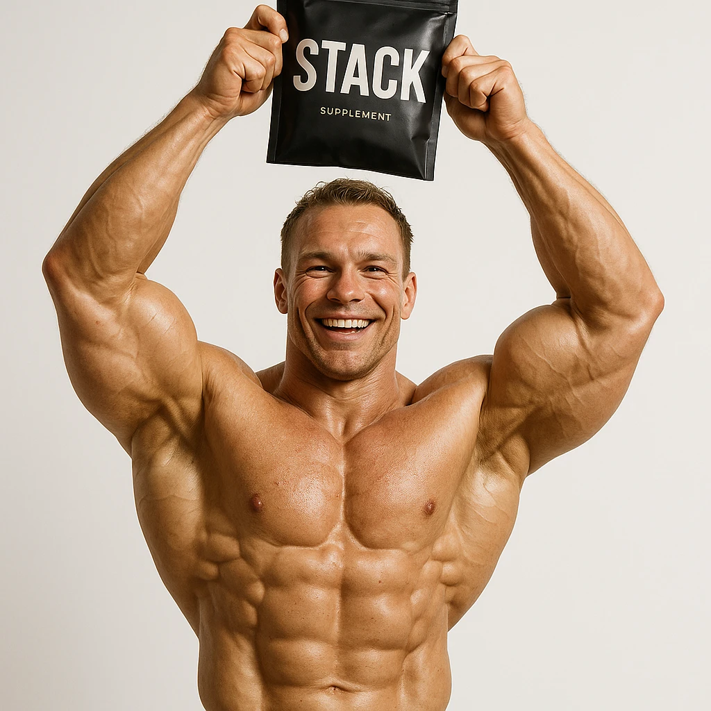 hyper realistic smiling bodybuilder holding a 'stack' supplement package above his head like a trophy, sculpted physique, victory atmosphere, realistic details, white background emoji
