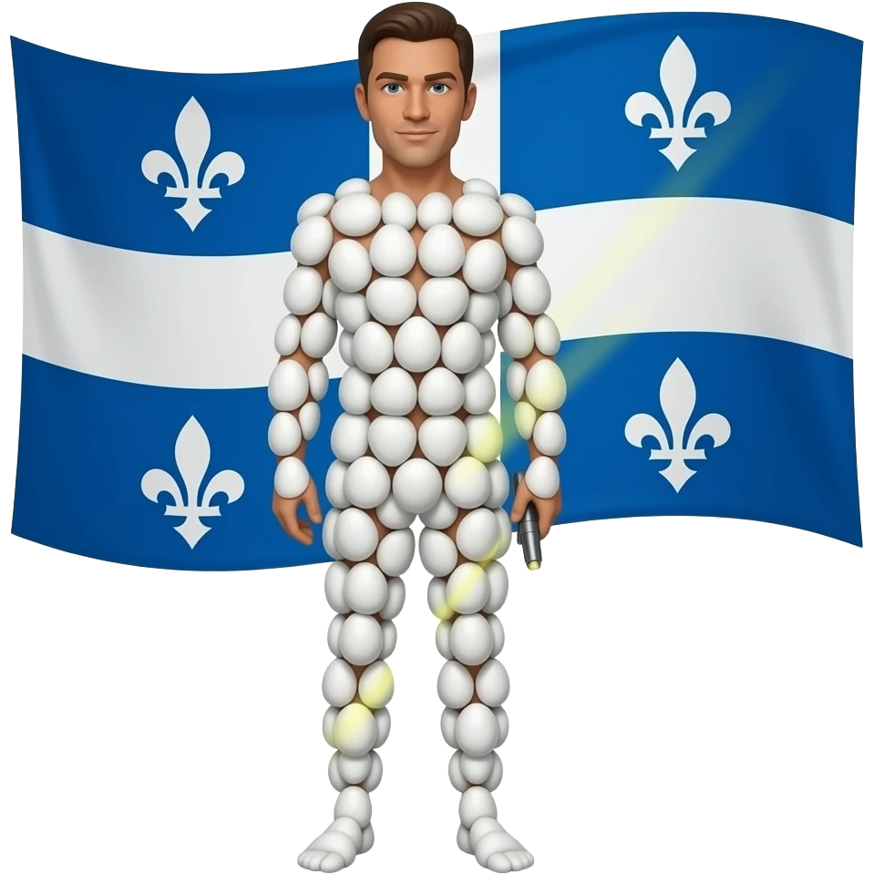 the flag of quebec and a mans legs just completely covered with eggs as a laserpointer points at the leg emoji