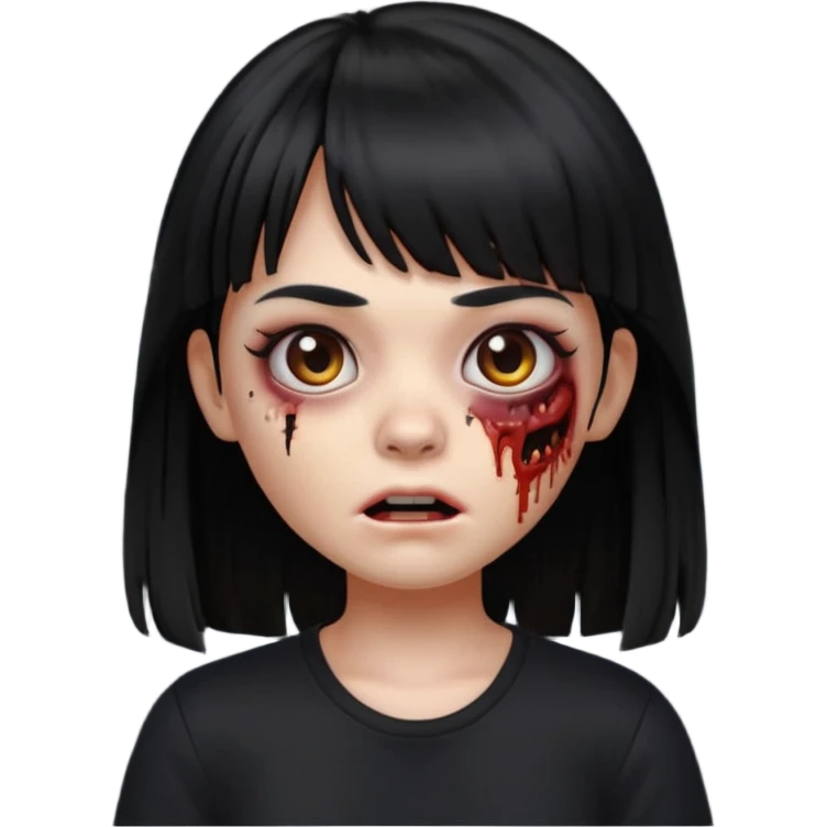 A zombie girl in Apple Memoji format with long, straight black hair with bangs, wearing a black shirt. emoji