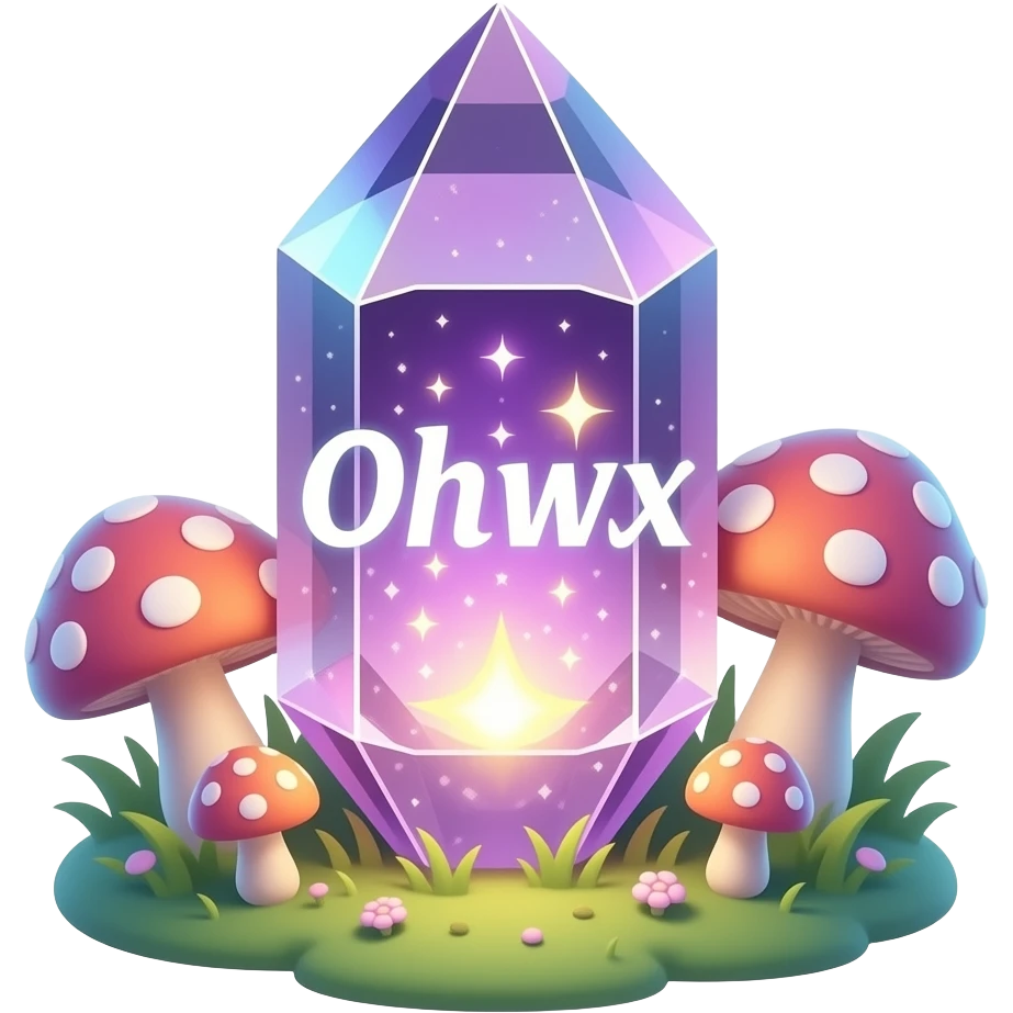 A texts 'Text' carved out of a singular, transparent Amethyst crystal, internal glowing magical light, surrounded by soft glowing mushrooms, magical realism style, detailed, 3D, shimmering particles, fantasy illustration emoji