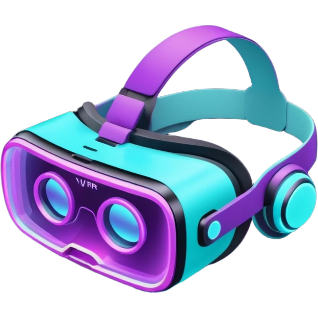 Futuristic glowing neon VR headset emoji, purple and cyan light, dark background, digital tech style emoji