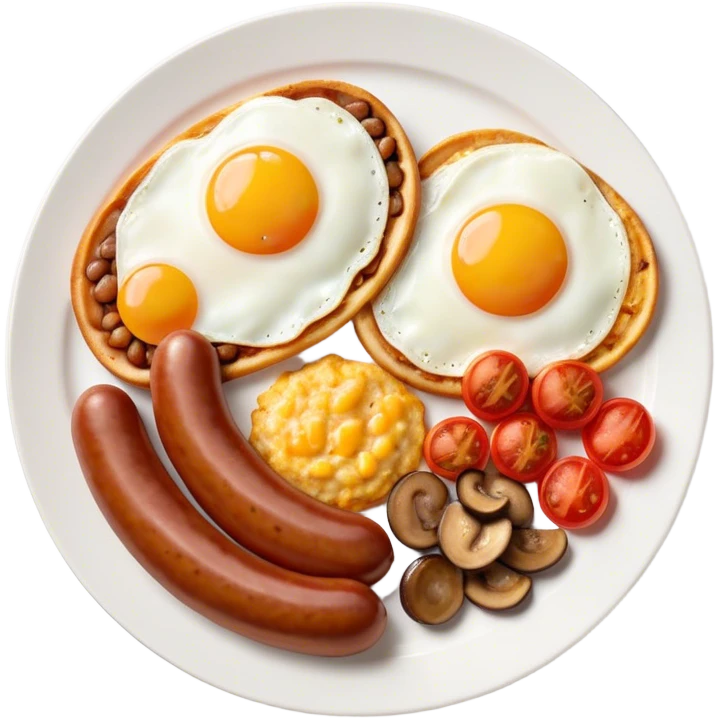English Breakfast Cinematic Realistic English Breakfast Dish Emoji, depicted as a hearty plate featuring 2 sizzling sausages, a central serving of baked beans, 2 perfectly fried eggs, 2 sliced grilled tomatoes, 2 grilled mushrooms, and a triangle-shaped hash brown, rendered with vivid textures and warm, inviting lighting. emoji