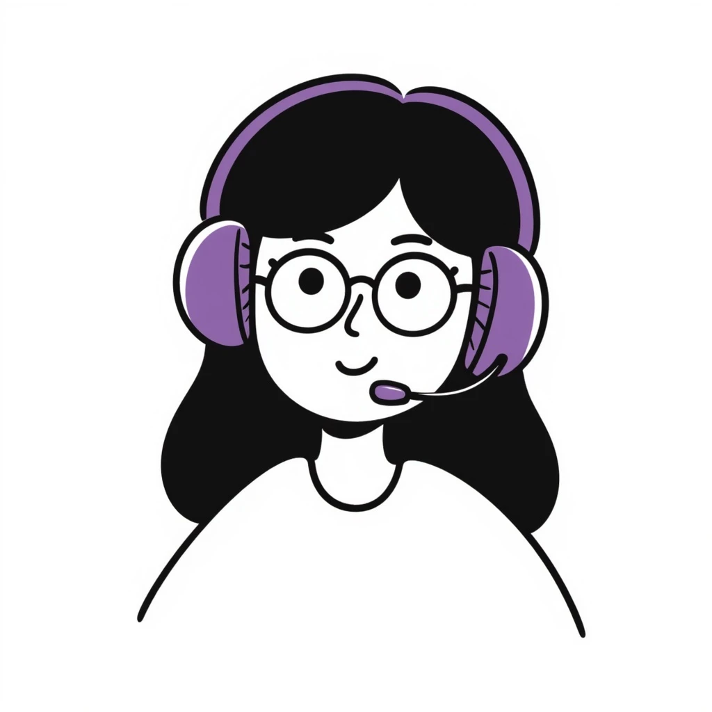female brunette with glasses and a purple gaming headset, hand-drawn doodle style emoji