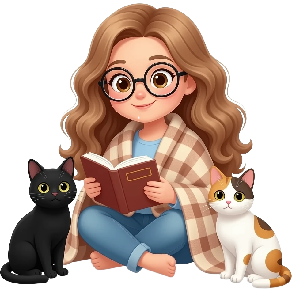 detailed emoji illustration of a curvy woman with long light brown wavy hair, light brown eyes and round glasses wrapped in a plaid blanket reading a book, with two cats beside her (one black cat and one white cat with brown spots), cozy atmosphere, cute emoji style emoji