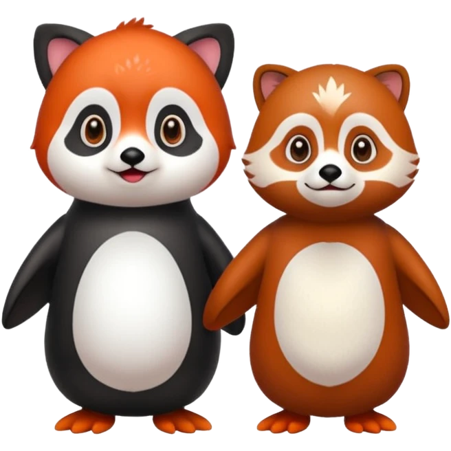 A cartoon  cute one penguin and one red panda holding "hands" emoji