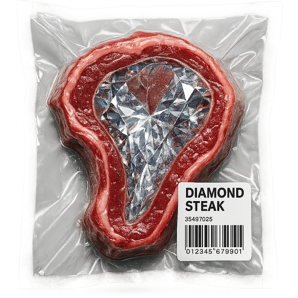 steak made of diamond, glossy and puffy, vacuum-sealed style emoji