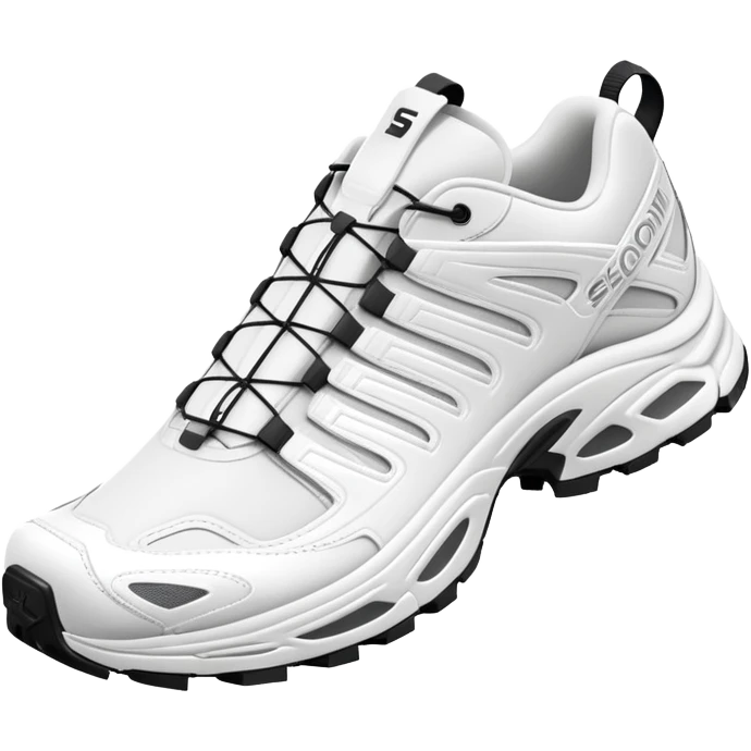 Totally white Salomon XT-6 sneakers with absolutely no color accents, clean white monochrome design, one shoe behind the other, simplified iOS emoji style emoji