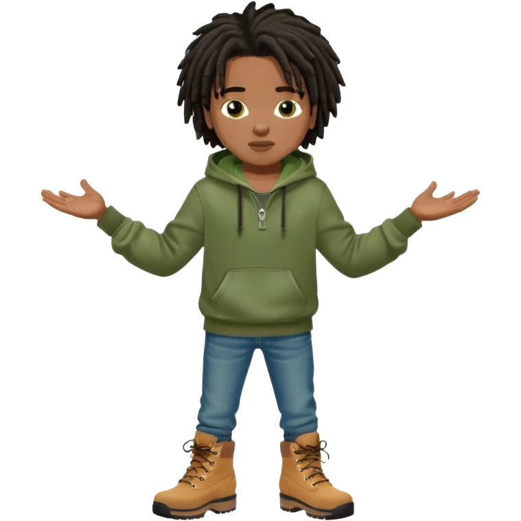 African American boy with short black dreadlocks wearing a green Nike hoodie wearing denim skinny jeans and timberland boots with his hands out emoji