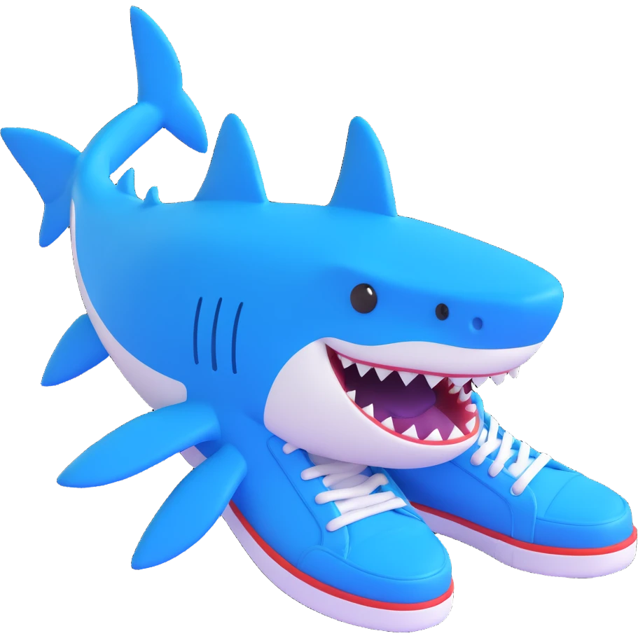a simple and playful shark wearing blue shoes emoji