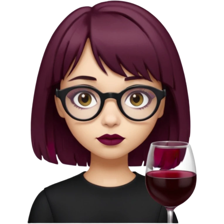Emoji girl that has mid length brown shaggy cut hair with baby bangs, has hazel eyes and wears half transparent glasses, she is goth and wears wine colored lipstick emoji