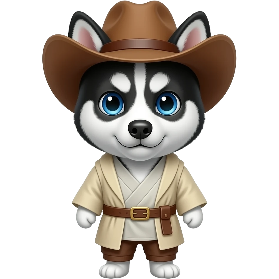 black Siberian Husky with blue eyes puppy wearing a cowboy hat dressed in Jedi clothing emoji