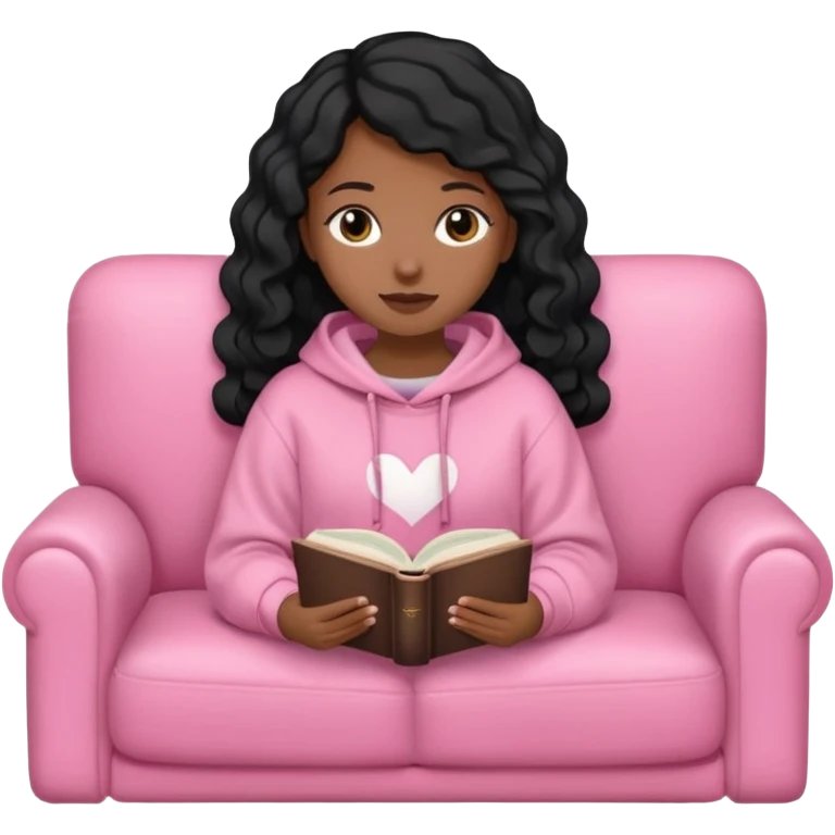 Una chica linda de cabello negro con ondas hasta los hombros de piel blanca con una sudadera rosa en un sofá cómodo y hermoso leyendo la biblia emoji