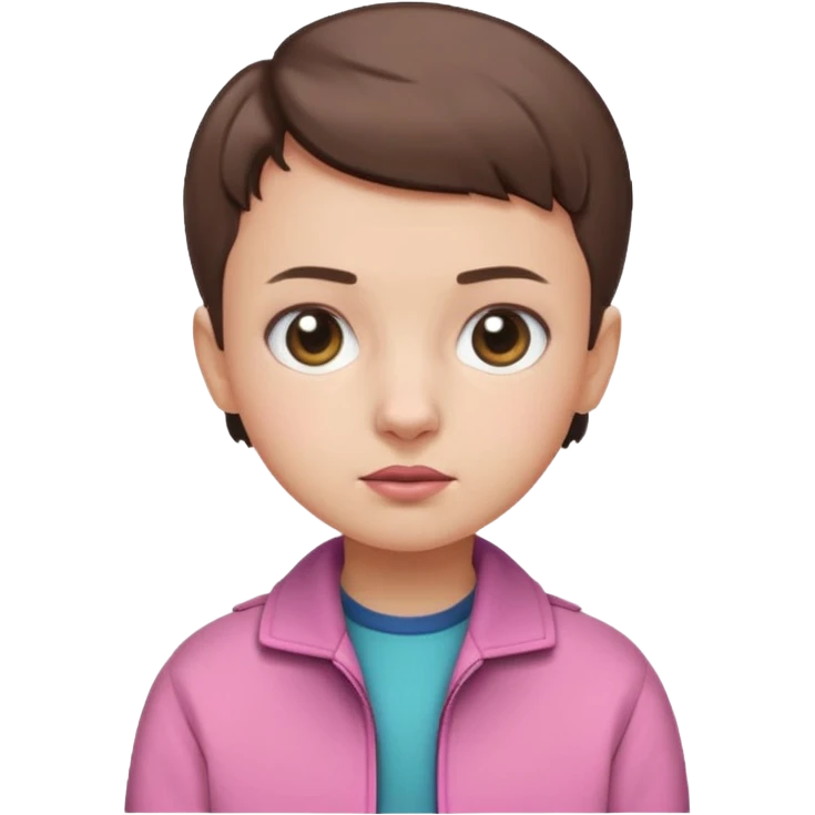 Create a cute emoji-style illustration of Eleven from Stranger Things: round face, big expressive eyes, short brown buzz-cut hair, pink jacket, simple nose and mouth, soft shading, bright colors, clean outline, minimal details, friendly expression, flat emoji style, white or transparent background. emoji