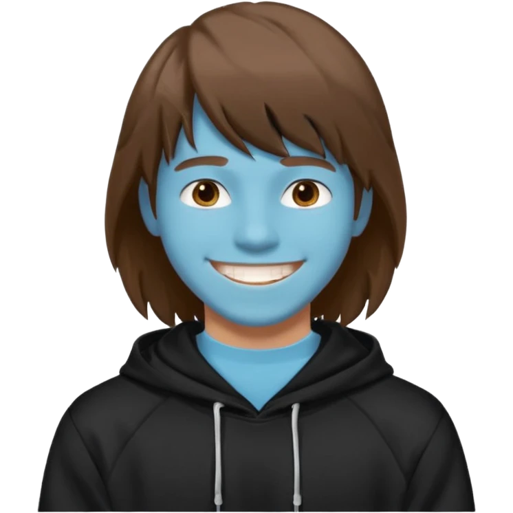 20 yr old man, brown hair, straight, big smile, white teeth, tanned skin, bangs, black hooded sweatshirt, long hair in back, center-parted bangs emoji