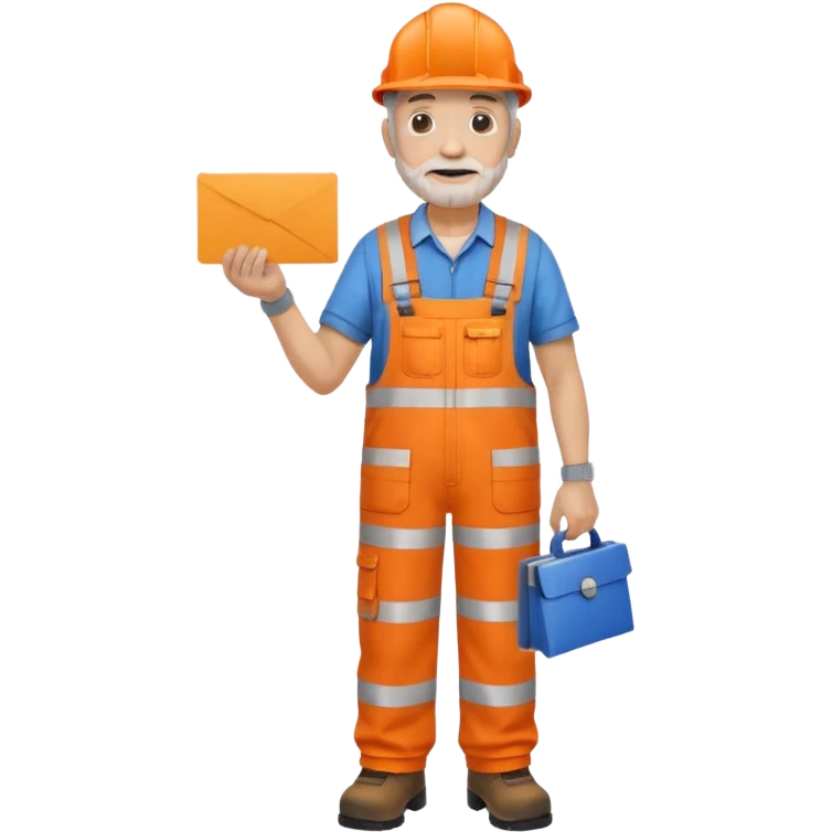 older engineer hi-vis orange overalls full body holding a card emoji