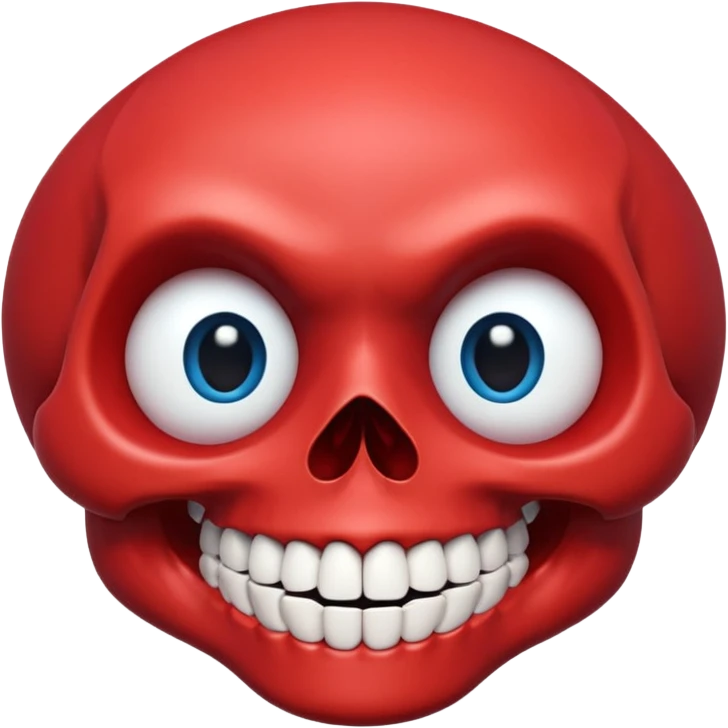 “A bright red cartoon skull with a smooth shiny surface, large round blue eyes with white outlines, a wide exaggerated smile showing big detailed teeth, simple black nose cavity, clean symmetrical face shape, centered on a plain light background, HD, sharp, vibrant, no distortion.” emoji