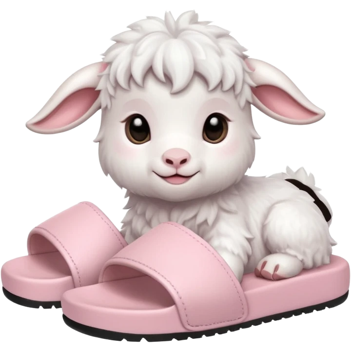 an all white lofi baby goat emoji wearing monochromatic pastel pink chunky slides emoji