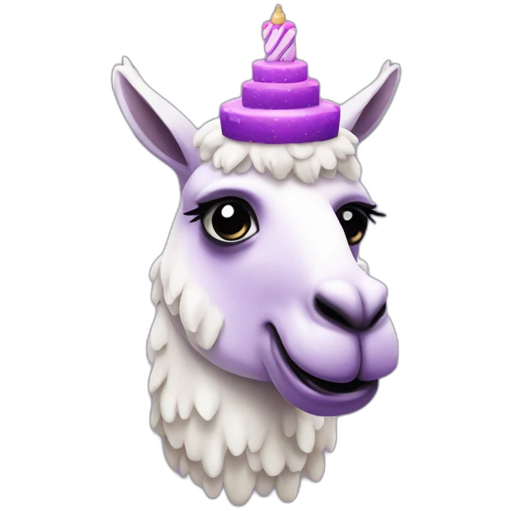 a purple llama with gradient white spots and is eating a nice cake emoji